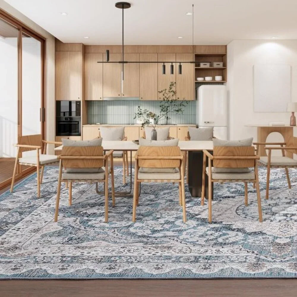 New 6x9 Blue Vintage Washable Rug Non-Slip Low Pile Carpet for Home & Room
